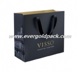 Luxury Custom Retail Matt Black Paper Shopping Bags With Metallic Gold Color Printing